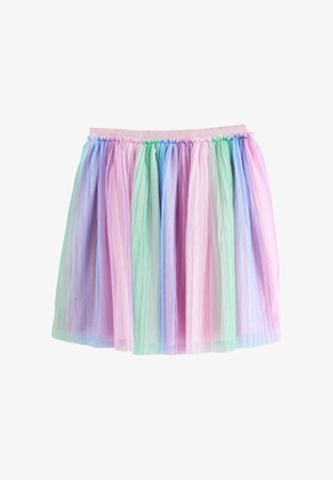 Spódnica do kolan z warstwowym pastelowym tiulem w odcieniach różu, zieleni, niebieskiego i fioletu, z różową brokatową elastyczną talią.