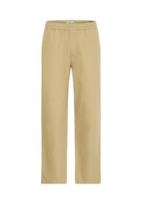 Pantaloni beige leggeri con cintura elastica, design a gamba dritta e texture liscia, dotati di tasche laterali e vestibilità comoda.