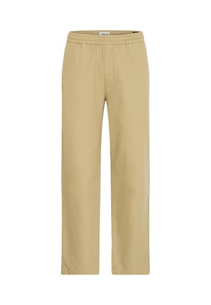 Beige, lichtgewicht broek met een elastische tailleband, rechte pijp, gladde textuur, voorzien van zijzakken en een comfortabele pasvorm.
