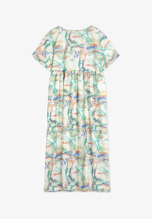 Maxikjole i let stof med et blomsterprint i grønne, blå, orange og beige nuancer; afslappet pasform og korte ærmer.