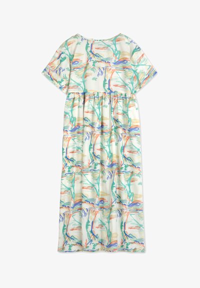 Maxikleid aus leichtem Stoff mit einem floralen Muster in Grün-, Blau-, Orange- und Beigetönen; lockere Passform und kurze Ärmel.