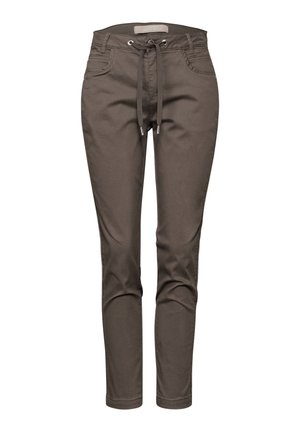 Pantalons en mélange de coton marron avec une taille à cordon, coupe slim, cinq poches et accents en métal aux ouvertures.