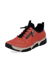 Red leather sneaker with black accents, featuring a lace-up front, a side zipper, and contrasting white stitching on a textured sole.