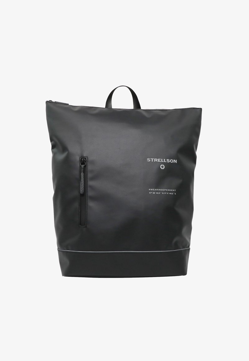 Črn vodoodporen nahrbtnik pravokotne oblike. Ima sprednji žep z zadrgo, zgornji ročaj in logotip. Gladka tekstura površine.