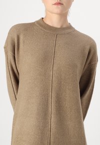 Pull en tricot beige à coupe décontractée, col rond et détails sur les coutures latérales. Sa texture douce et ses longues manches lui confèrent une allure chaleureuse.