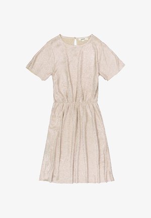 Kurzärmeliges Kleid in Cremefarben mit strukturierter, schimmernder Oberfläche, tailliert und mit einem Detail am Schlüsselloch-Ausschnitt.