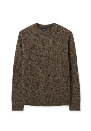 Maglione lavorato a maglia in tonalità marroni, con un motivo testurizzato, scollatura rotonda e maniche lunghe. Realizzato in un materiale morbido e caldo.