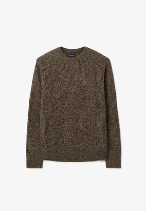 Knit sweater in brown tones, featuring a textured pattern, round neckline, and long sleeves. Crafted from soft, cozy material.