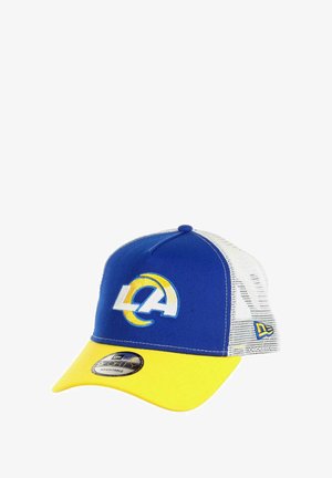 Blue and yellow cap with a rounded visor, mesh back, and embroidered LA logo. Adjustable strap for fit. Flat stitching detail on peak.