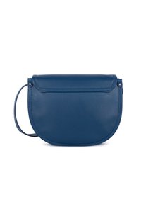 Borsa a spalla in pelle blu con forma arrotondata, chiusura a pattina e senza hardware visibile. Texture liscia con dettagli di cucitura sottili.