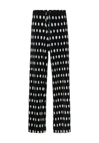 Pantalons noirs avec des pois ronds blancs, texture plissée, taille élastique et cordon de serrage pour un ajustement réglable. Design à jambe large.
