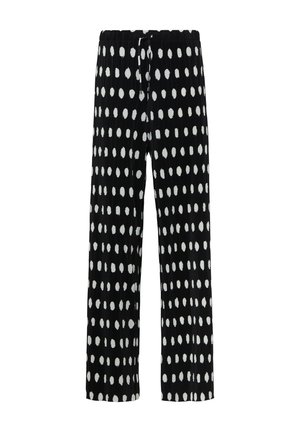 Zwarte broek met witte ovale stippen, geplooide textuur, elastische tailleband en een trekkoord voor een verstelbare pasvorm. Wijde pijpen.