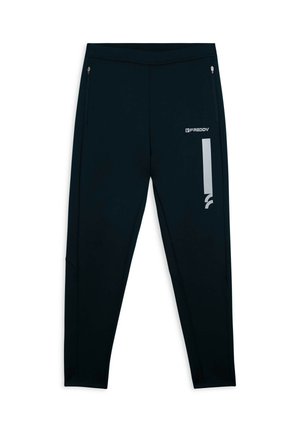 Pantaloni sportivi neri, elasticizzati e slim fit, con tasche con zip, un logo e un accento riflettente sul lato per la visibilità.