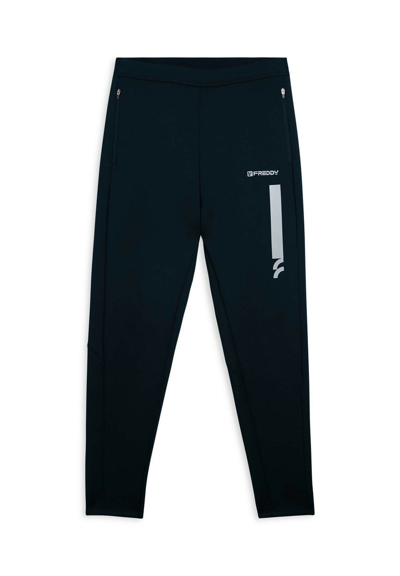 Pantalones deportivos negros, elásticos y ajustados, con bolsillos con cremallera, un logotipo y un acento reflectante en el costado para mayor visibilidad.