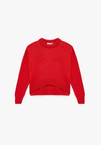 Czerwony sweter z dzianiny z okrągłym dekoltem, długimi rękawami i skróconym dołem. Tkanina ma lekko teksturowane wykończenie.
