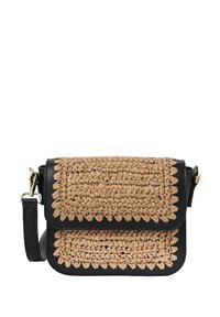 Black leather crossbody bag featuring a woven tan fiber flap with a scalloped design. Includes a gold-tone clasp and adjustable strap.