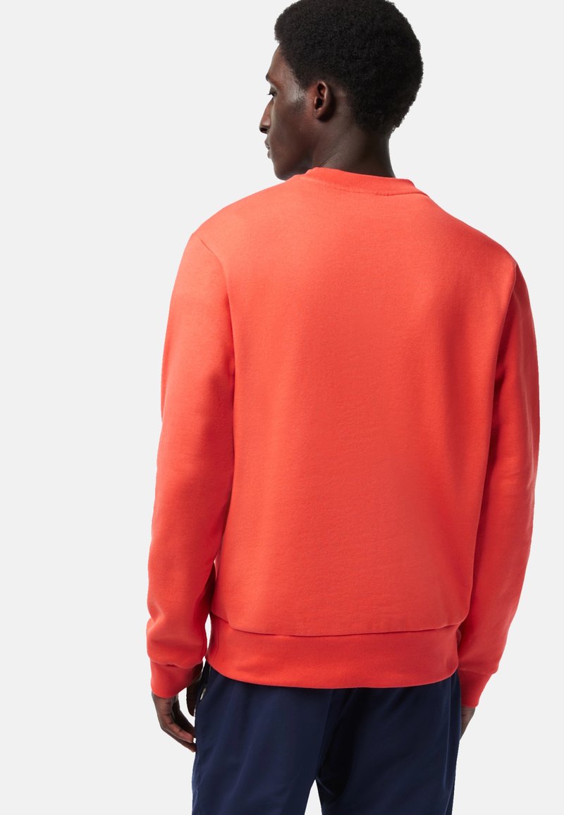 Czerwona bluză z okrągłym dekoltem i prążkowanymi mankietami. Posiada gładką, miękką fakturę oraz luźny krój, widok z tyłu.