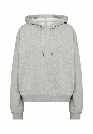 Világosszürke pulóver kapucnis pulóver húzózsinórokkal, bordázott mandzsettákkal és bordázott szegéllyel, puha anyagból készült.