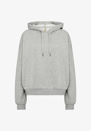 Világosszürke pulóver kapucnis pulóver húzózsinórokkal, bordázott mandzsettákkal és bordázott szegéllyel, puha anyagból készült.