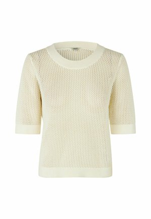 Světle krémový krátký pulover s krátkým rukávem, má prodyšný pletený vzor, kulatý žebrovaný výstřih a žebrované manžety a lem.