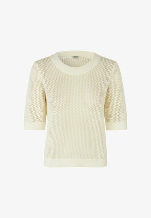 Pullover corto a maniche corte color crema chiaro, caratterizzato da un motivo a maglia traspirante, scollatura rotonda a coste e polsini e orlo a coste.