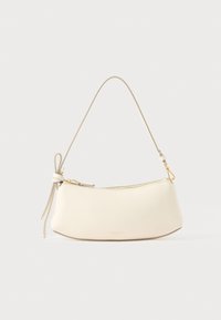 Valge nahast õlakott kaarekujundusega, kuldsete riistvarade ja sõlmitud rihmaaktsendiga. Sile tekstuur, peal lukuga sulgemine.