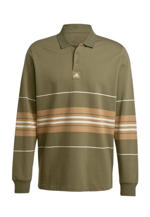 Poloko s dlouhým rukávem v olivově zelené barvě z bavlny, s vodorovnými pruhy v béžové a bílé, s knoflíkovou légou a nášivkou loga na límci.