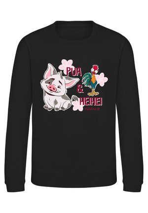 Sort sweatshirt med tegneserie af Pua grisen og Heihei hanen fra Moana 2, omgivet af lyserøde blomster og rød tekst.