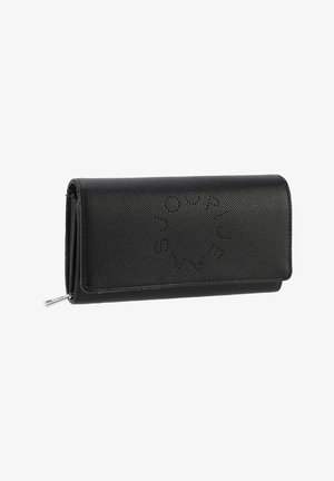 Black leather wallet with a textured surface, rectangular shape, zip closure, and embossed logo detail on the front.
