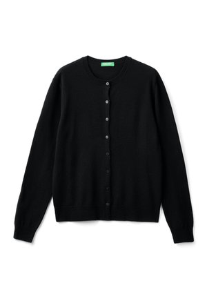 Cardigan nero realizzato in un morbido tessuto testurizzato. Presenta un collo rotondo, maniche lunghe e una chiusura frontale con bottoni abbinati.