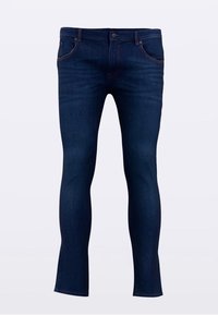 Sötétkék farmernadrág, vékony szabással, öt zsebes kialakítással, kontrasztos varrással és gombos derékrésszel.