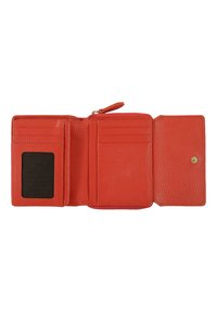 Red leather wallet with a textured finish. Features multiple card slots, a clear ID window, and a zippered compartment.