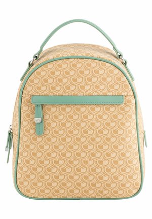 Zaino dalla forma arrotondata, in tessuto giallo con un sottile motivo e dettagli verde menta. Include una tasca frontale con zip e una maniglia.