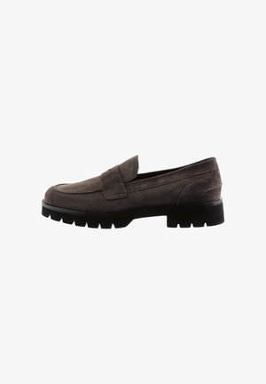 Gray suede loafers with a low, black rubber sole and moccasin stitching. Features a wide, flat strap across the front for added detail.