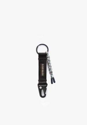 Musta nailoninen avainnauha rapulukolla, jossa on punottu sininen ja harmaa nyöri sekä pyöreä metallinen kiinnitysrengas.