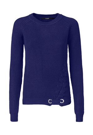 Maglione a maniche lunghe in maglia blu navy con scollo a girocollo, dettaglio intrecciato laterale e due occhielli d'argento vicino all'orlo.