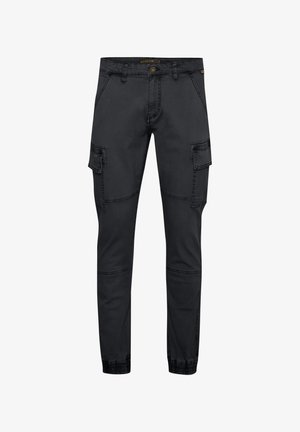 Black cargo pants made of denim, featuring side pockets, a button closure, tapered legs, and elastic cuffs at the ankle.