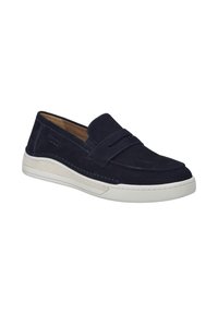 Navy blue suede slip-on shoe with a small front strap. Features a white rubber sole and contrasting stitching along the upper.