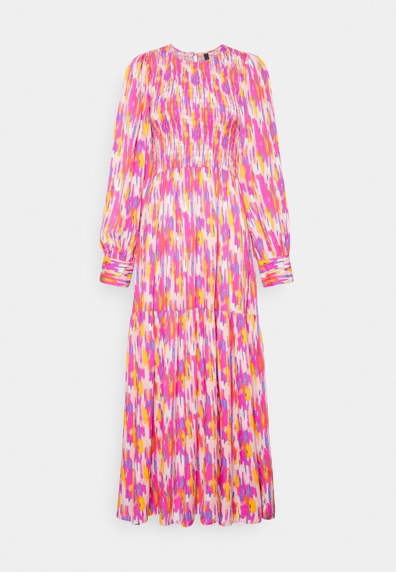 Dlouhé šaty ve stylu tuniky s kulatým výstřihem. Vyznačují se barevným vzorem v růžové, žluté a bílé barvě. Dlouhé rukávy a nařasené detaily v oblasti pasu.