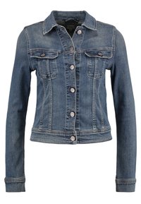 Denimjacka i medelblått med en klassisk design. Har knäppningar, två bröstfickor och en lätt blekning på tygtexturen.