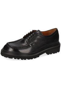 Scarpa in pelle nera con design a lacci, punta arrotondata e suola in gomma nera spessa e texturizzata con un motivo a tassello.