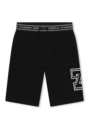 Schwarze knielange Shorts mit seitlichen Taschen, Kordelzugbund, versehen mit dem Text "Karl Lagerfeld" und einem weiß umrandeten "K"-Logo am rechten Bein.