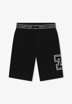 Czarne szorty do kolan z bocznymi kieszeniami, elastycznym paskiem ze sznurkiem, z napisem "Karl Lagerfeld" oraz białym konturowym logo "K" na prawym udzie.
