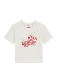 Fehér pamut póló piros málna hímzéssel és a "looking berry good" felirattal, rövid ujjakkal és kerek nyakkivágással.