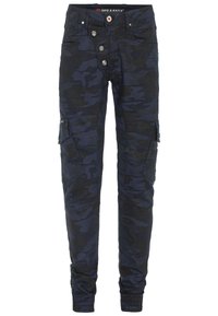 Dunkelblaue camouflage Cargo-Hosen mit enger Passform, Fünf-Knopf-Reißverschluss, Seitentaschen und elastischen Bündchen. Robuster Stoff.