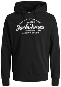 Schwarzer Hoodie aus Baumwollmischung, mit einer vorderen Kängurutasche, einer Kapuze mit Kordelzug und weißem Logotext über der Brust.