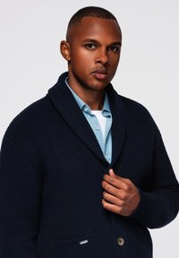 Cardigan lavorato a maglia navy con colletto a scialle, chiusura a bottoni e tasche frontali. Indossato sopra una camicia button-up azzurra chiara.