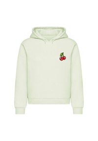 Jasnozielona bluza z kapturem z przednią kieszenią i wyszywanym wzorem wiśni po lewej stronie klatki piersiowej. Miękka tkanina z prążkowanymi mankietami.