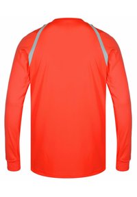 Langärmliges Sportshirt in leuchtendem Orange mit reflektierenden grauen Akzenten an den Schultern. Hergestellt aus glattem, leichtem synthetischen Stoff.