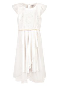 Bílé šaty s krátkými rukávy, zdobeným živůtkem s jemnými vzory, splývavou sukní s asymetrickým lemem a páskem s korálky.